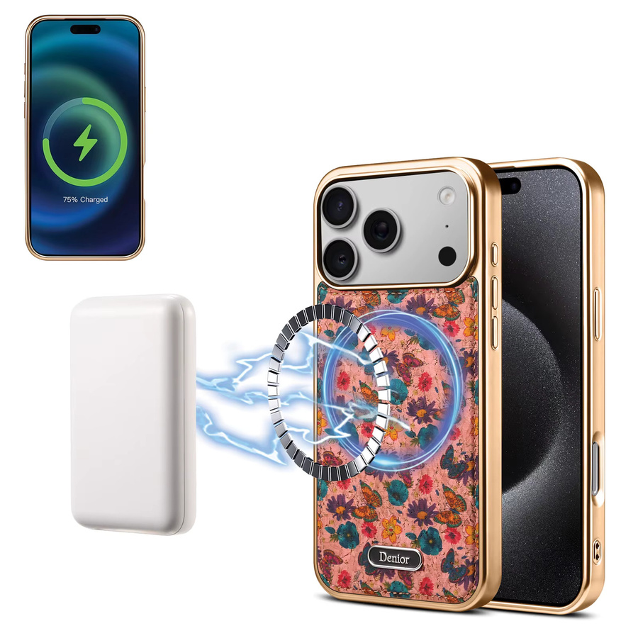 Denior Magnetische Kabellose Ladehülle mit Kork Blumenmuster für iPhone 17-13 Pro Max Plus, Pink/Multicolour, Zerlegbar und Austauschbar - Bild 3