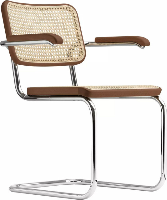 Thonet S 64 V Freischwinger mit Armlehnen aus Stahlrohr und Wiener Geflecht in Braun, B/T/H: 62 x 58 x 82 cm - Bild 1