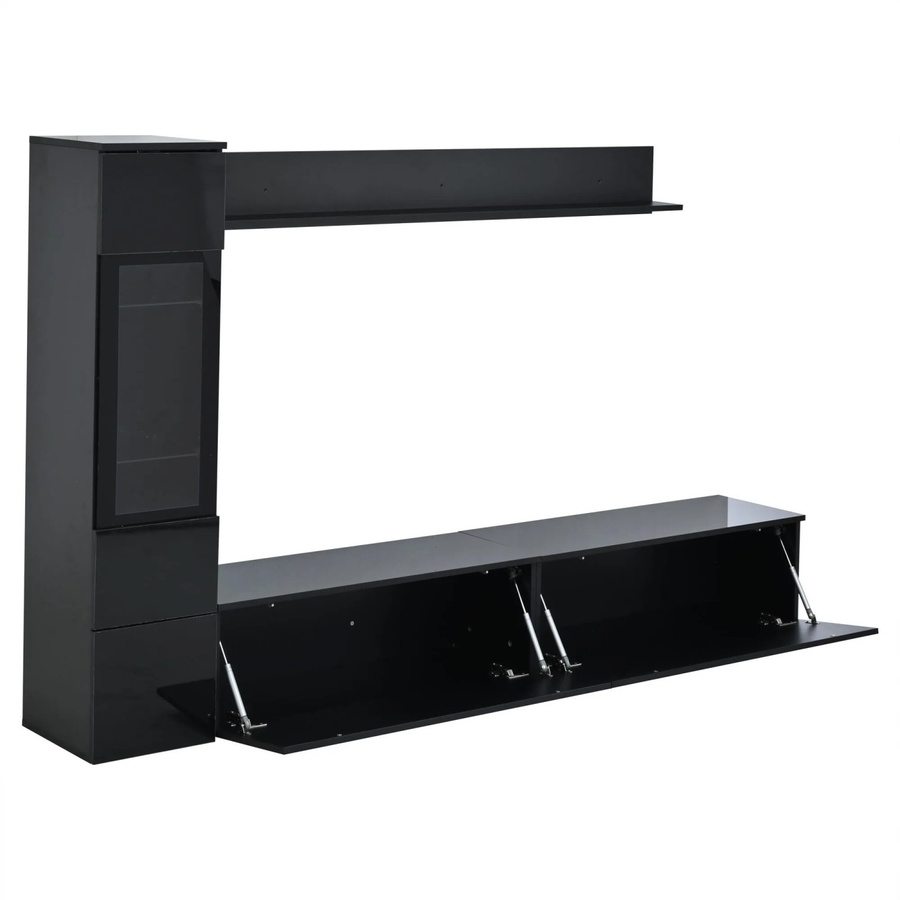 okwish TV Wohnwand Set mit LED Vitrine in Schwarz Hochglanz für bis zu 80 Zoll, B/T/H: 180 x 33 x 30 cm - Bild 2