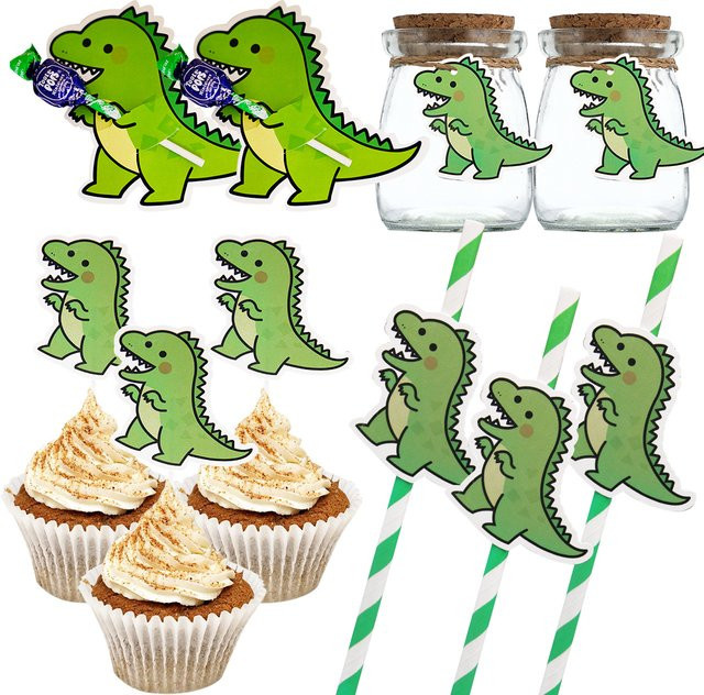 Dinosaurier Party Dekoration aus Papier mit Cupcake Toppern und Strohhalmen in Grün für Kindergeburtstage - Bild 1