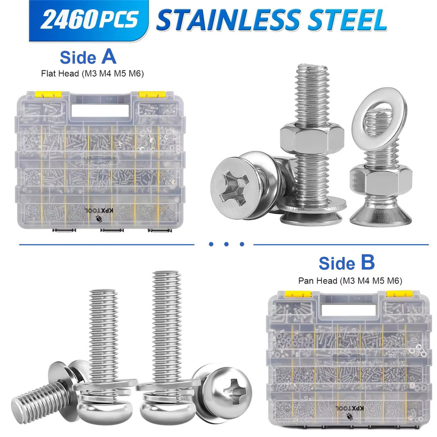 2460-teiliges Edelstahl-Set in Silber mit Kreuzschlitzschrauben, Muttern und Unterlegscheiben M3 M4 M5 M6 inklusive doppelschichtiger Aufbewahrungsbox - Bild 3