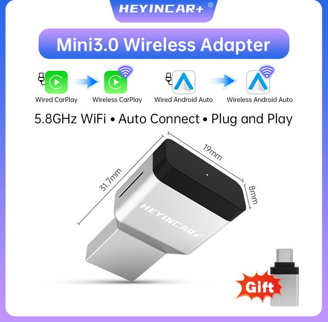 HEYINCAR Mini Wireless CarPlay und Android Auto Adapter 3.0 AI Box in Schwarz mit Wi-Fi für VW, Toyota, Nissan, Honda, Benz und Ford - Bild 1