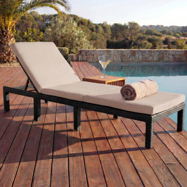 MCW Poly-Rattan Sonnenliege A51 Basic in Anthrazit mit beigen Kissen - Bild 1