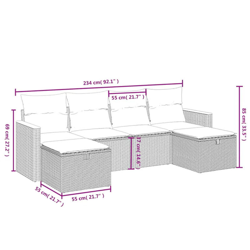 vidaXL 6-teilige Garten-Sofagarnitur in L-Form aus Poly Rattan und Metall, Grau, inklusive Kissen und Ottoman - Bild 3