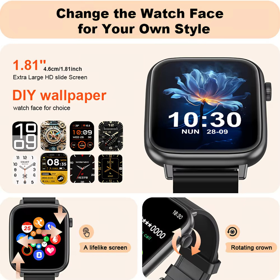 LAXASFIT Smartwatch IP68 Wasserdicht in Schwarz mit Bluetooth-Anruf und Herzfrequenz-, Blutdruck- sowie Blutsauerstoffmessung - Bild 2