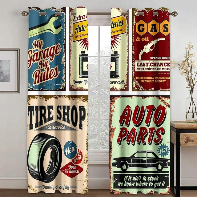 Yiran Furniture Blackout Vorhang mit Vintage Auto und Motorrad Motiv für Kinder, B: 70 cm, H: 185 cm, 2er-Set - Bild 1