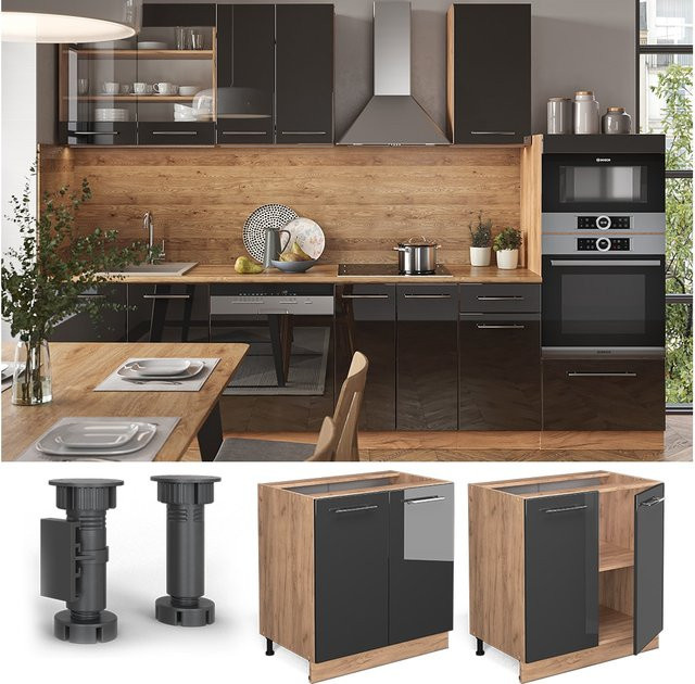 Vicco Spülenunterschrank Fame-Line Küchenschrank in Anthrazit und Eiche Hochglanz mit Softclose-Scharnieren und Einlegeboden Breite: 80 cm, Höhe: 82 cm, Tiefe: 51,6 cm - Bild 1