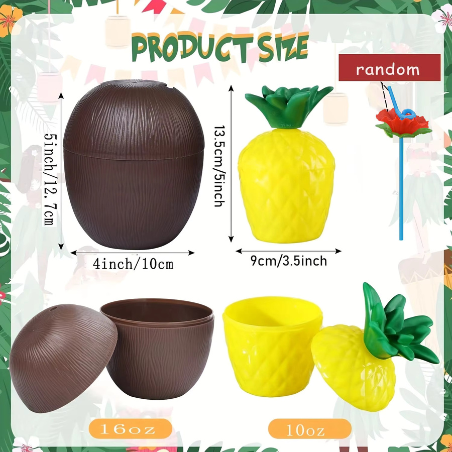 12 Stück tropische Ananas und Kokosnuss Becher aus Kunststoff für deine Hawaii Party und Luau Dekoration, B/T/H: 9,0 x 13,5 x 12,0 cm - Bild 6
