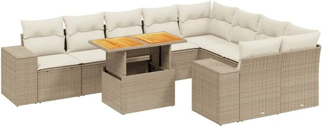 vidaXL 10-tlg Garten-Sofagarnitur L-Form aus Poly Rattan und Akazienholz in Beige mit UV-beständigen Kissen - Bild 1