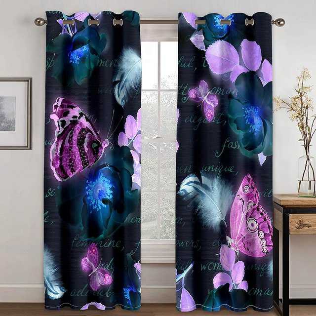 Yiran Furniture Dazzling Schmetterling Vorhang mit Digitaldruck aus Polyester, 2er-Set, Navy Blau, Breite: 50 cm, Höhe: 130 cm - Bild 1