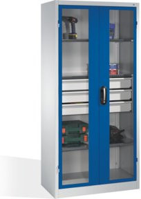 C+P Werkzeugschrank mit Sichtfenster-Drehtüren, 3 Böden und 3 Schubladen, Front Enzianblau, Korpus Lichtgrau, H: 195,0 cm, B: 93,0 cm, T: 50,0 cm - Bild 1
