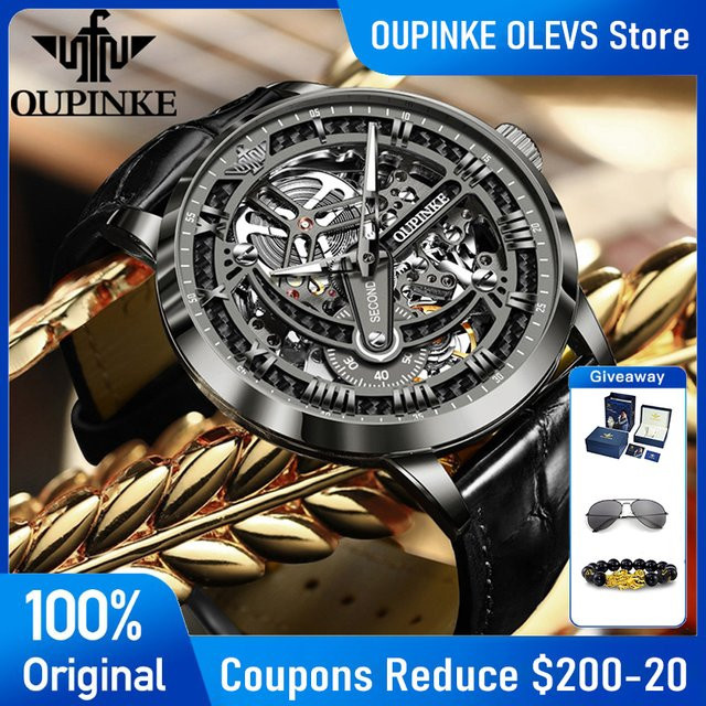 OUPINKE Armbanduhr, Skeleton, Automatik, Lederband, Herren - Bild 1