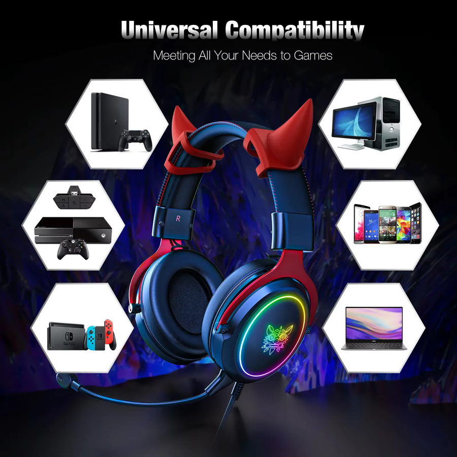 ONIKUMA X10 Gaming Headset mit Kuhhorn in Weiß, kabelgebundene Kopfhörer mit RGB-Beleuchtung, HD-Mikrofon und Surround-Sound für PC - Bild 2