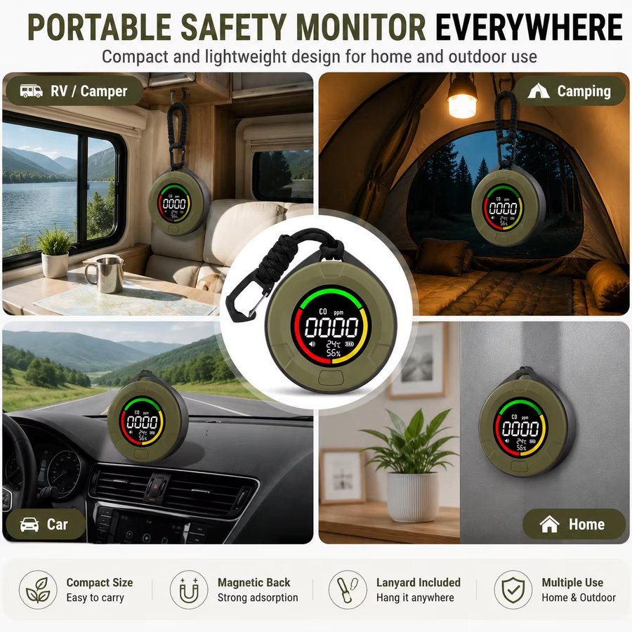 FABISENSE CO-Detektor 10D Camping Kohlenmonoxid-Lecksucher mit Magnetischer Befestigung sowie Temperatur- und Feuchtigkeitssensor für Zuhause und Wohnmobil - Bild 4
