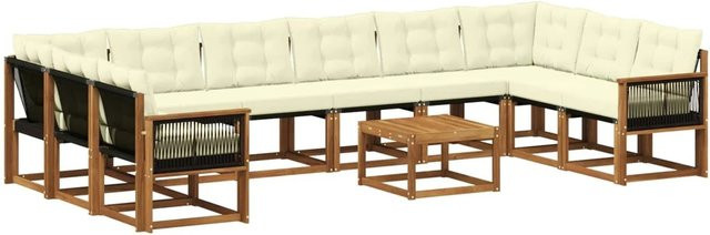 vidaXL Outdoor-Sofagarnitur L-Form aus Massivholz Akazie mit 11 Kissen in Natur und Creme - Bild 1
