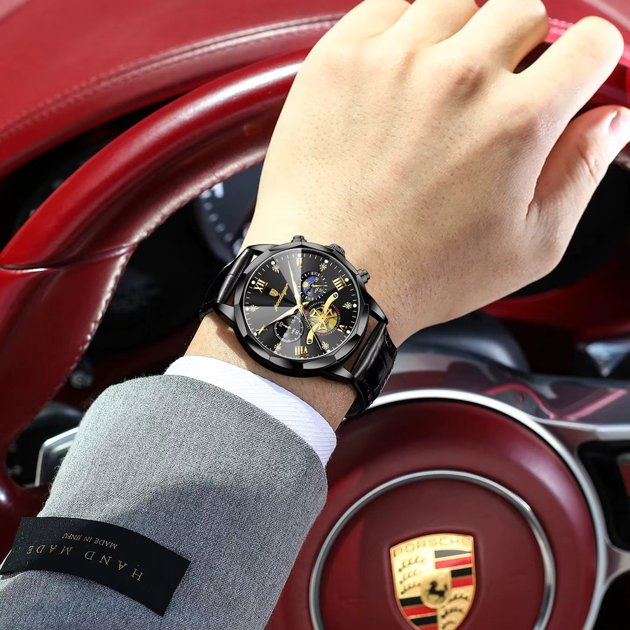 POEDAGAR Armbanduhr Chronograph, Quarz, Leder, Schwarz, Herren - Bild 6