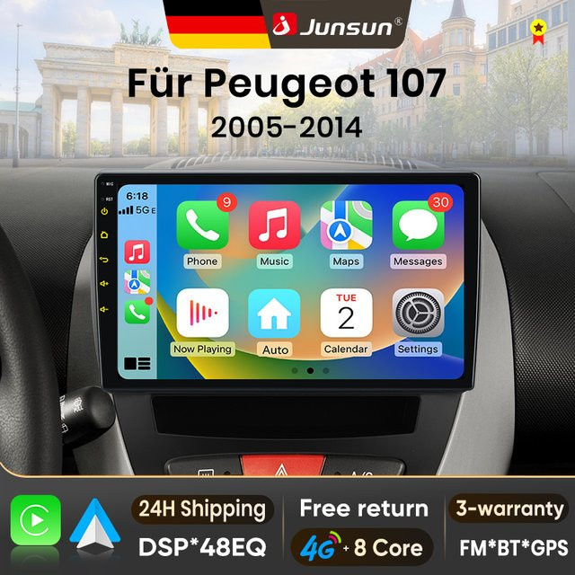 Junsun Android 15 Autoradio mit 10 Zoll IPS Bildschirm für Peugeot 107, Toyota Aygo und Citroen C1 (2005 - 2014), Kabelloses Apple CarPlay & Android Auto Multimedia System, Schwarz - Bild 1
