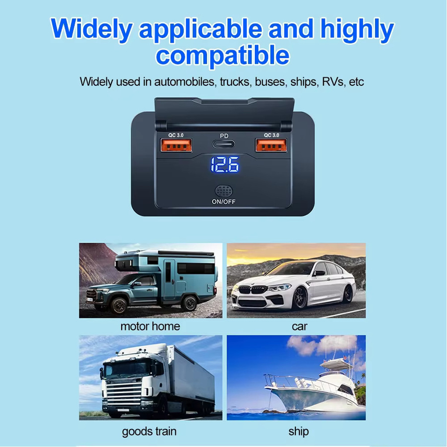kebidumei Auto-USB-Adapter-Steckdose mit Spannungsanzeige und Schnell-Ladeanschluss in Schwarz für Auto, Bus, Wohnmobil und LKW (12/24V) - Bild 5