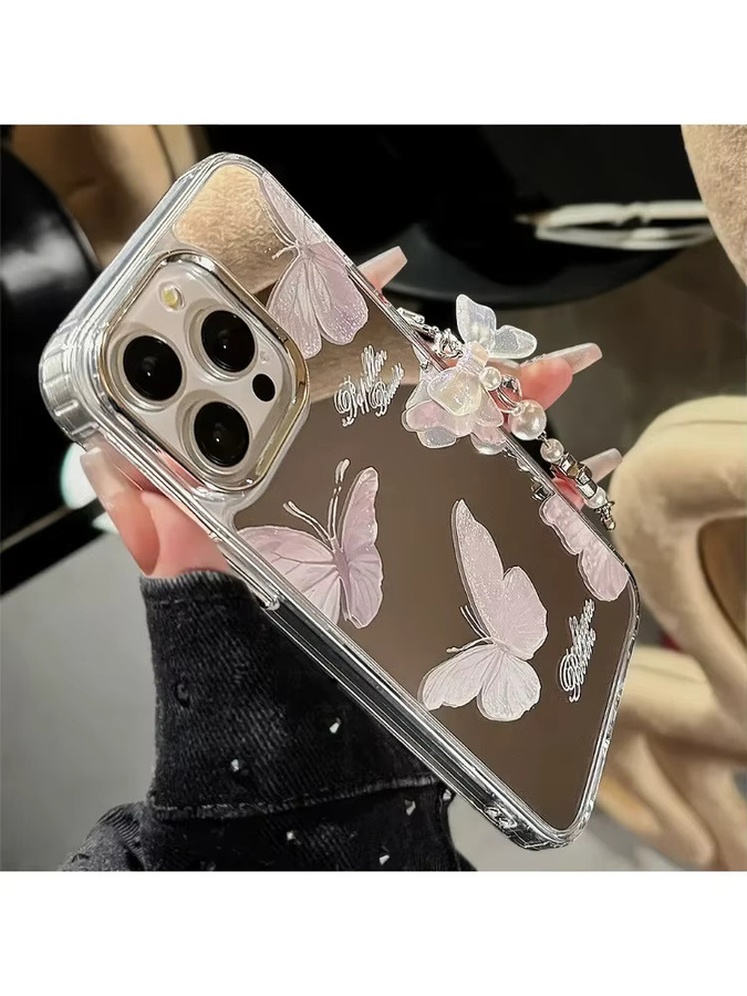 Potdemiel Handyhülle mit Schmetterlings-Design und Spiegel für iPhone 16 15 14 13 12 11 Pro Max, Rosa mit Armband und stoßfester Hartschale - Bild 6
