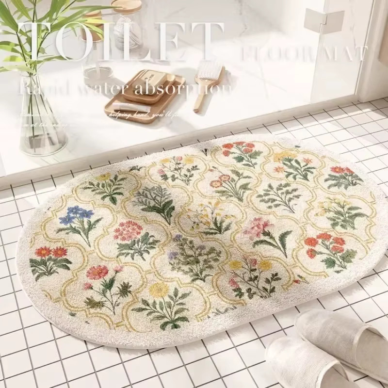 VIKAMA Badezimmermatte Oval im French Country Floral Design, rutschfest und weich, Mehrfarbig - Bild 1