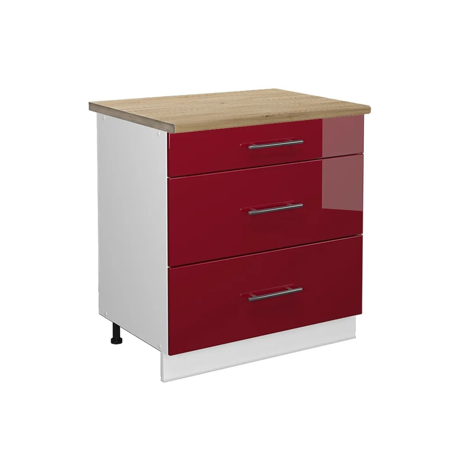 Vicco Küchenunterschrank Fame-Line Bordeaux Hochglanz Weiß mit 3 Schubladen Eiche B: 80 cm, H: 82 cm, T: 51,04 cm - Bild 2