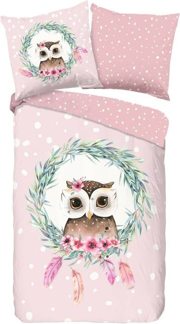 Good Morning Baumwoll Bettwäsche Owli Pink mit Sternen und Tieren, B/L: 135 x 200 cm und 80 x 80 cm - Bild 1