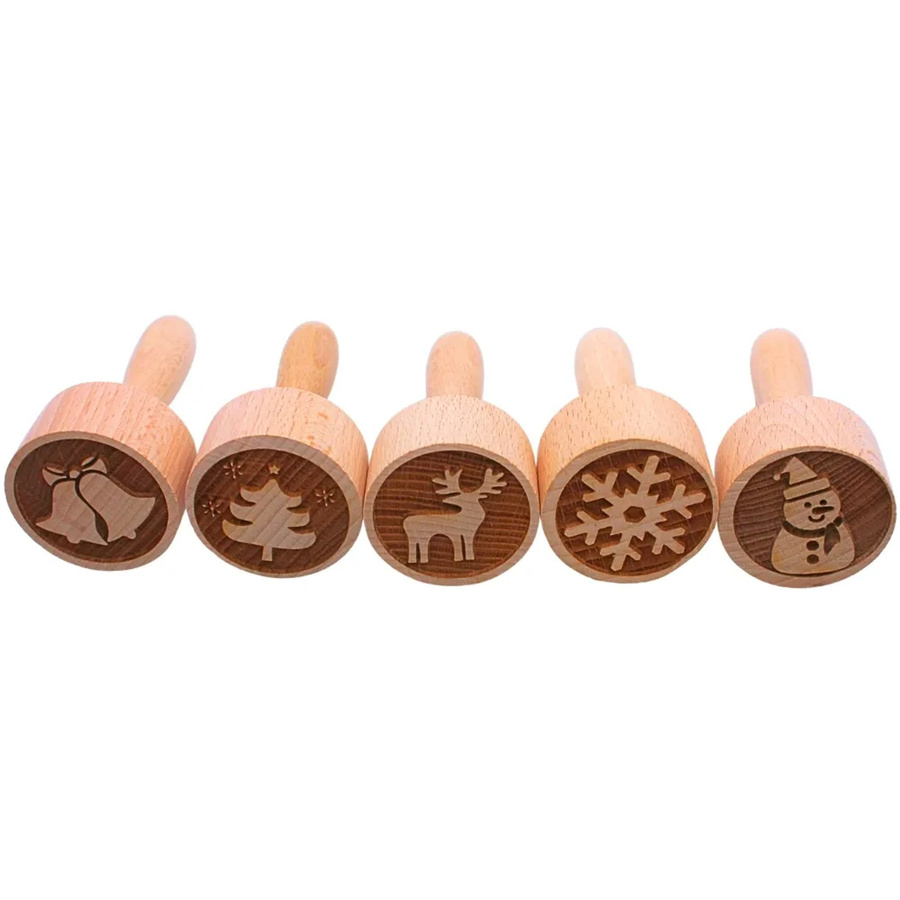 Dekohelden24 5er Set Teigstempel aus Holz mit Weihnachtsmotiven, Farbe: Braun, Maße eines Stempels B: 4 cm, T: 4 cm, H: 8 cm - Bild 2