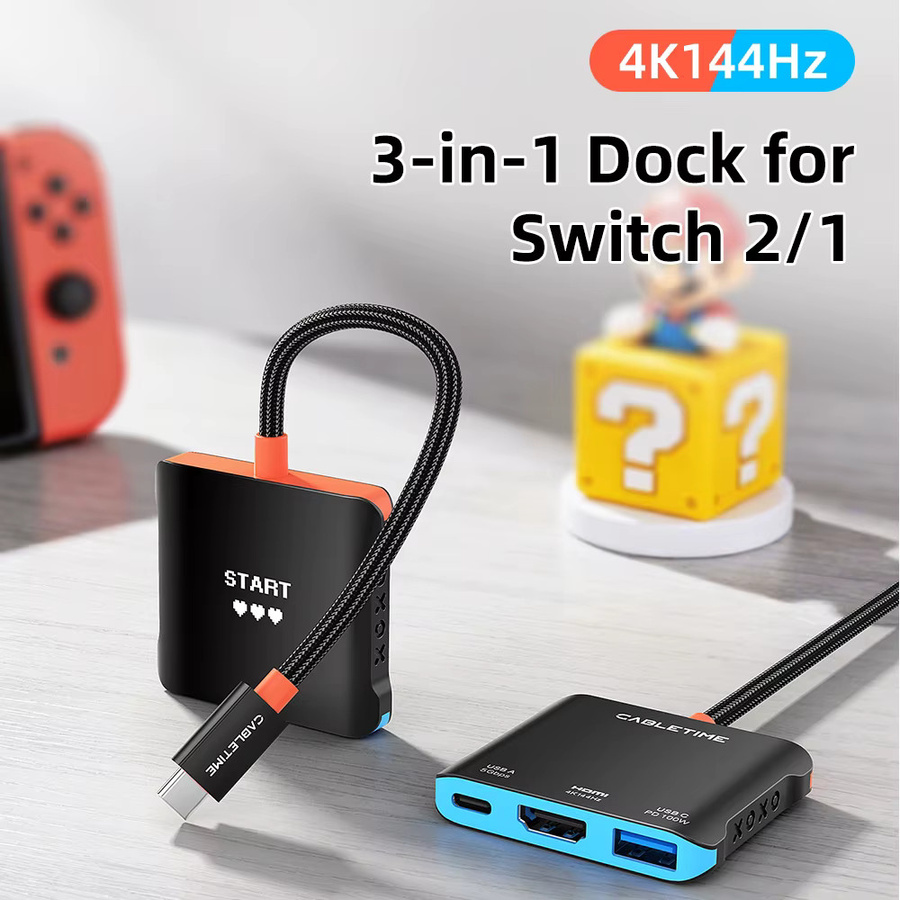 CABLETIME 3-in-1 USB-C-Hub Switch Tragbare TV-Dockingstation in Schwarz mit 4K 144Hz, PD 100W und 5 Gbps für Switch, Switch 2 und Steam Deck - Bild 3