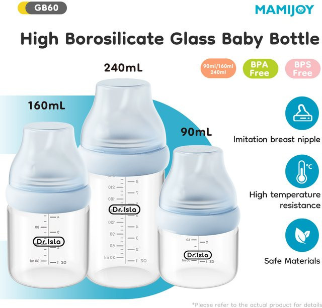 MAMIJOY Baby-Glasflasche mit Anti-Kolik-Ventil, breitgewinkelt und brustförmig, transparent/blau, 90 ml - Bild 1