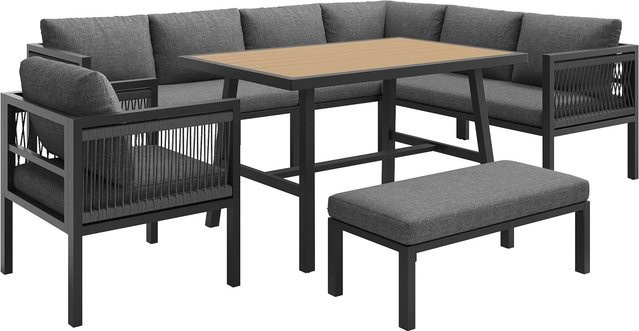 okwish Gartenmöbel Lounge-Set mit Ecksofa, Sessel, Hocker und Tisch in Grau mit modernem Seilgeflecht-Design und Polsterung - Bild 1