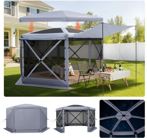 VEVOR Pop-up Gazebo Screen Tent, 6-seitiges Camping-Zelt mit abnehmbarem Dach und Tragetasche, bissfestes Moskitonetz-Zelt für 8-10 Personen, Grau, B/T: 3,6 x 3,6 m - Bild 1
