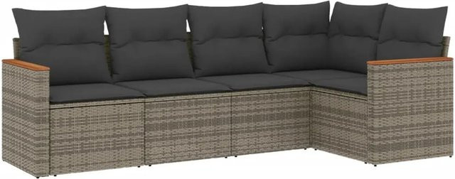 vidaXL 5-tlg Garten-Sofagarnitur in L-Form aus Polyrattan und Akazienholz mit Kissen in Grau - Bild 1