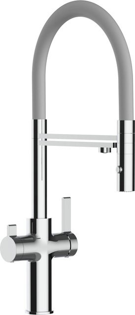 VIZIO Küchenarmatur mit 3-Wege-Niederdruck-Wasserhahn, verchromt in Grau/Silber, mit 360° schwenkbarem Auslauf und abnehmbarer 2-Strahl-Handbrause - Bild 1