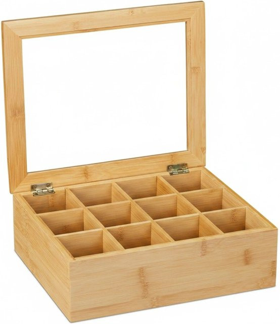 Relaxdays Teebox aus Bambus in Natur mit Sichtfenster und 12 Fächern, B/T/H: 28 x 9 x 23 cm - Bild 1