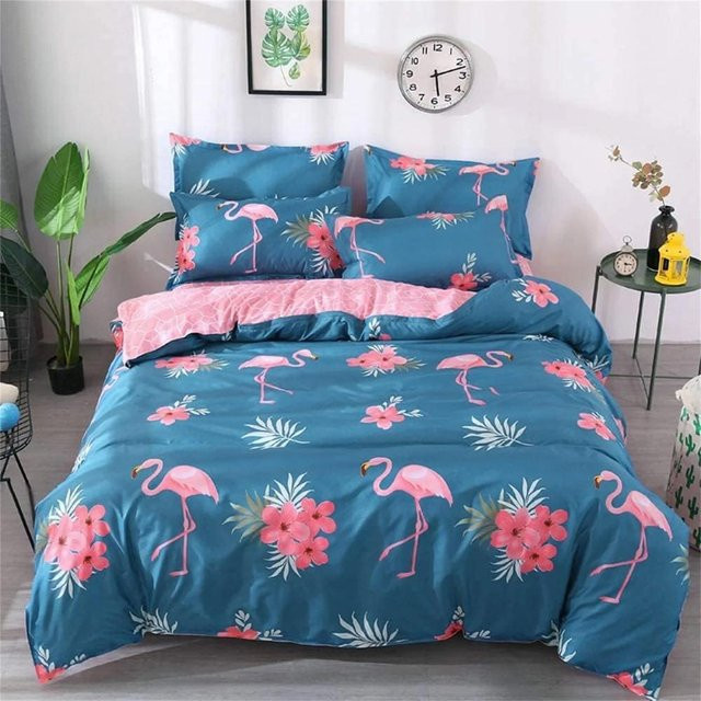 Flylo Bettwäsche-Set mit Flamingo und floralem Design, Blau, B/H: 100 x 135 cm - Bild 1