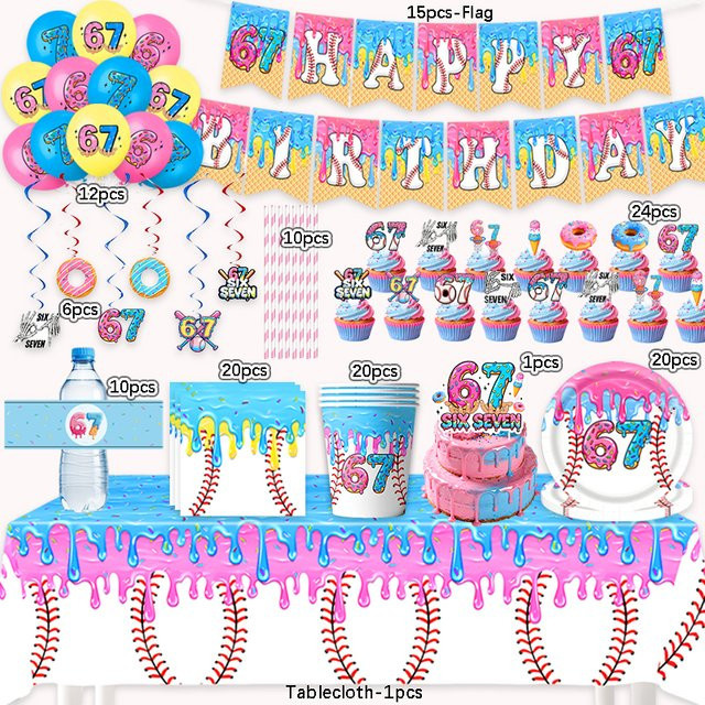 Einweggeschirr Set für den 67. Geburtstag mit Baseball, Donut und Eis Motiv in Mehrfarbig - Bild 1