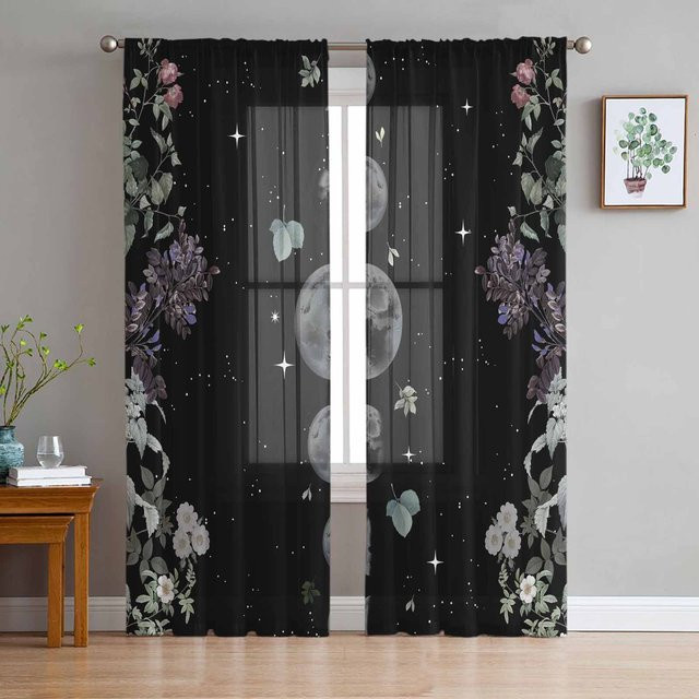 Retro Vorhang mit Mond, Blumen und Sternen in Schwarz und Transparent, Tüll Voile für Wohnzimmer und Küche, B: 135 cm, H: 160 cm - Bild 1