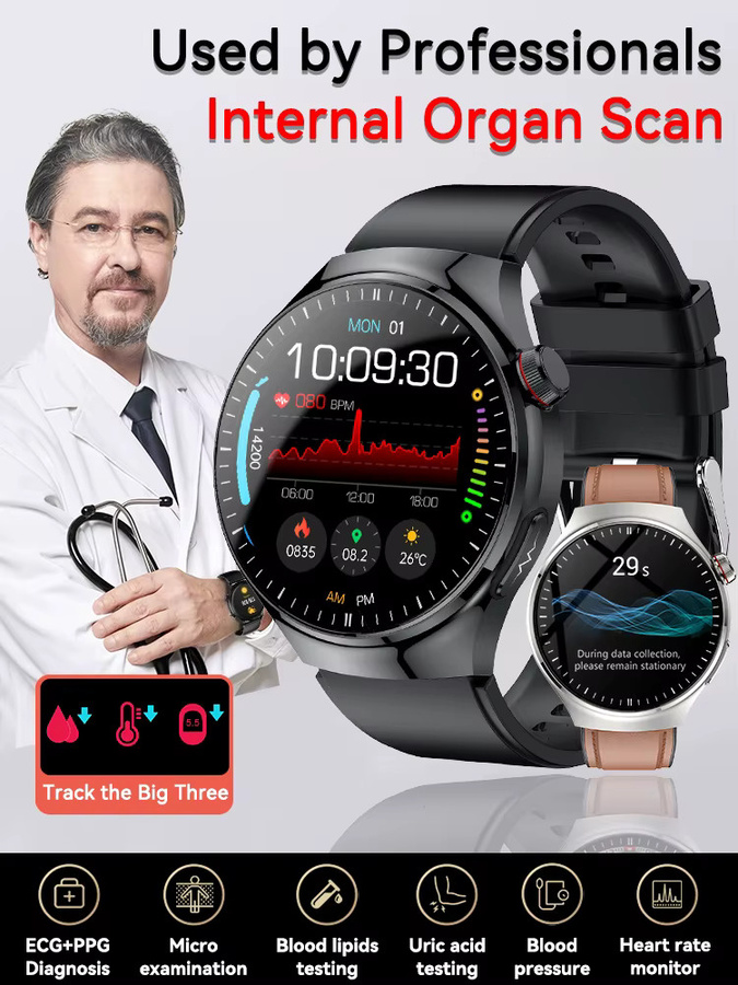 GUHUAVMI KI-Smartwatch mit EKG und PPG zur Gesundheitsanalyse in Schwarz - Bild 5
