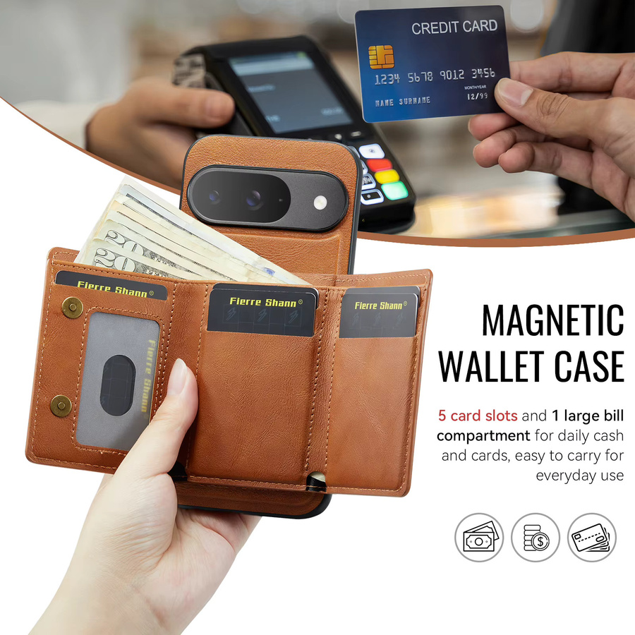 Magnetische Brieftasche Schutzhülle für Google Pixel 10 9 8 9A 8A 7A Pro XL mit MagSafe Wireless Ladefunktion, 5 Kartenfächern und Ständer-Halterung in Braun und Lila - Bild 2