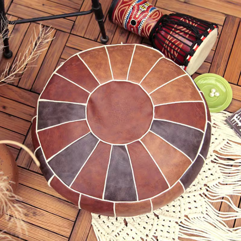 Runder Sitzkissenbezug im marokkanischen Patchwork-Design aus Kunstleder in Braun, ungefülltes Bodenkissen für Ottomane und Fußschemel - Bild 5