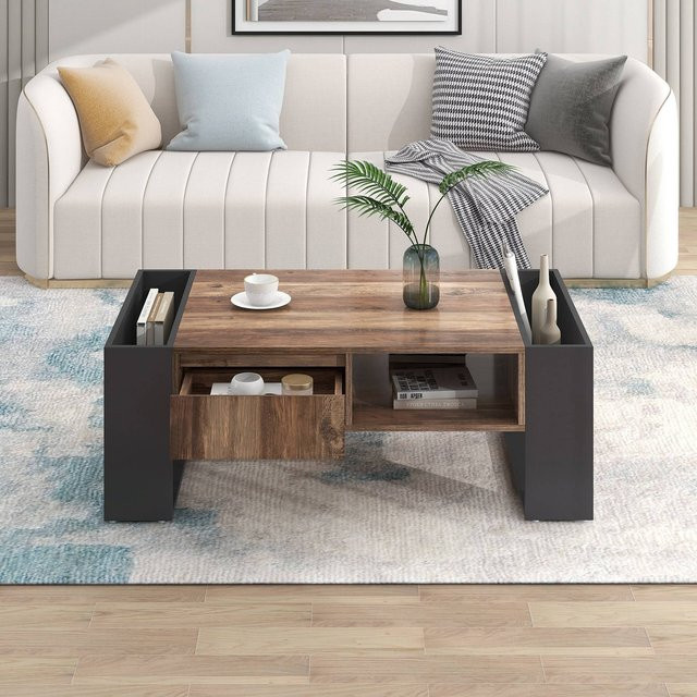 Aosom Couchtisch mit Holzmaserung und Stauraum in Schwarz und Grau, B/T/H: 106,4 x 60 x 40 cm - Bild 1