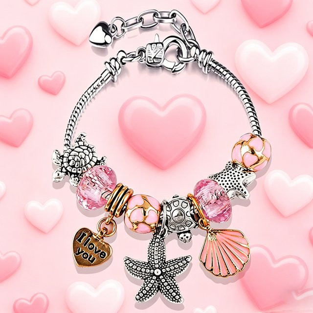 LEABYL Armband, Kristall, Perle, Silber, Rosa Kristallherz Muschel Seestern Charm Anhänger - Bild 1