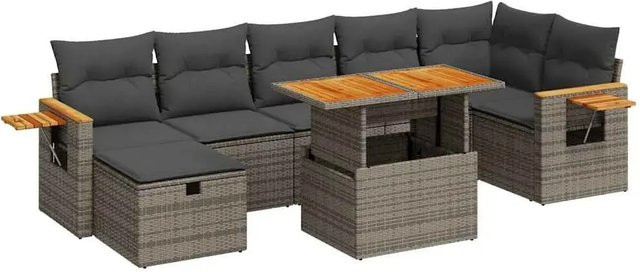 vidaXL 5-tlg. Garten-Sofagarnitur in L-Form aus Poly Rattan und Akazienholz mit Kissen in Grau - Bild 1