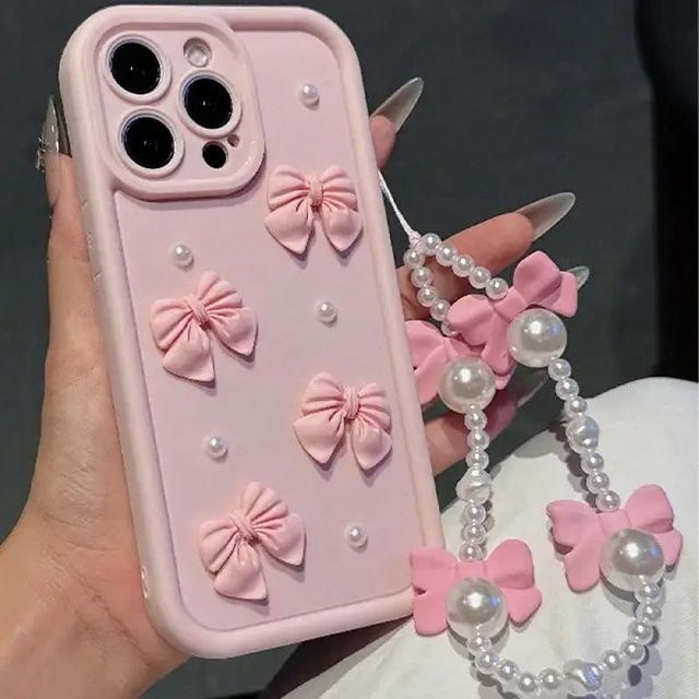 Rui Di Silikon Handyhülle mit 3D Schleife und Perlen sowie Lanyard für iPhone, Farbe: Pink - Bild 1