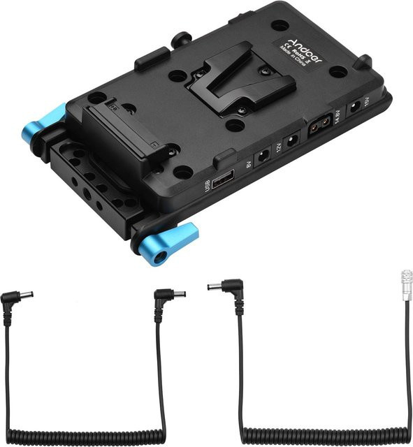 Andoer V Mount V-Lock Batterieplattenadapter mit 15 mm Doppelloch-Stangenklemme und Netzteil-Ersatz für BMPCC 4K und 6K Kameras, Schwarz - Bild 1