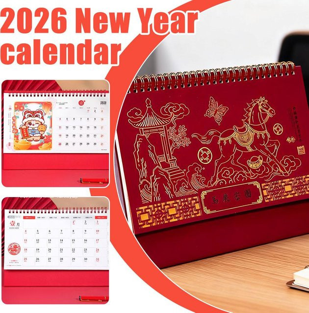 Tischkalender 2026 Jahr des Pferdes im chinesischen Mond-Stil, Roter hohler Kalender mit Monatsübersicht aus Papier - Bild 1