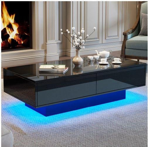Modern Couchtisch MUVOE in Hochglanzschwarz mit LED-Beleuchtung und 2 Schubladen - Bild 1
