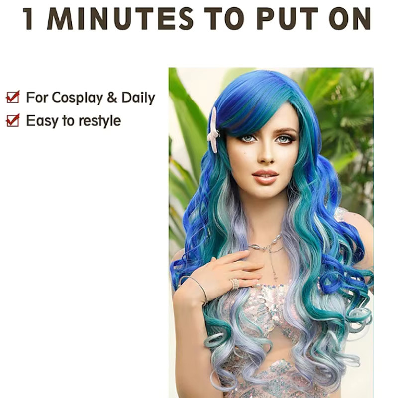 HAIRJOY Meerjungfrauen-Perücke, lang, gewellt, blau, grün - Bild 4