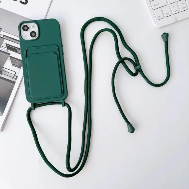 Rui Di Crossbody Lanyard Handyhülle aus weichem Silikon mit Kartenhalter und Halskettenband für iPhone 17 16 15 14 13 12 11 Pro Max, Farbe: Dunkelgrün - Bild 1