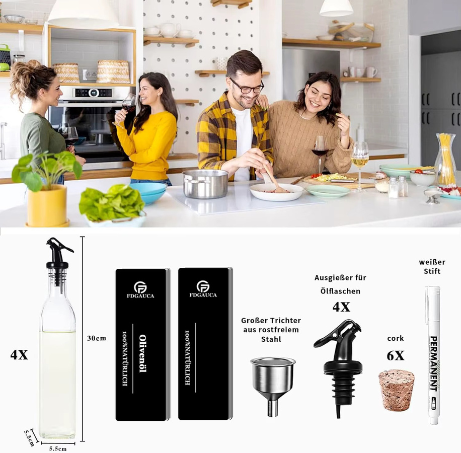 SAEIV Ölflaschen Set aus Glas mit Bambus Flaschenhalter und Ausgießer, 4 x 500 ml, Transparent - Bild 3